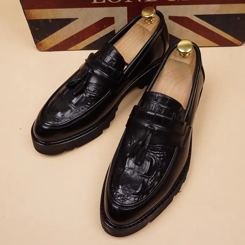 Korean style mens fashion natural leather shoes slip-on driving tassels shoe party nightclub platform loafers stylish footwear