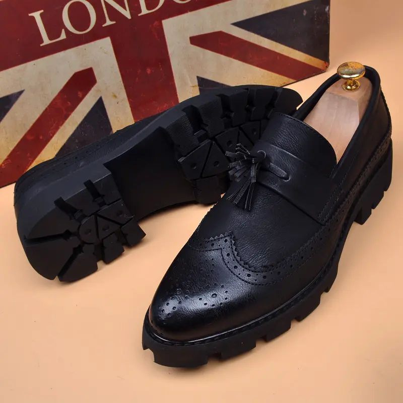 men casual business wedding formal dress shoes slip-on platform tassels shoe black trendy carved brogue loafers leather footwear