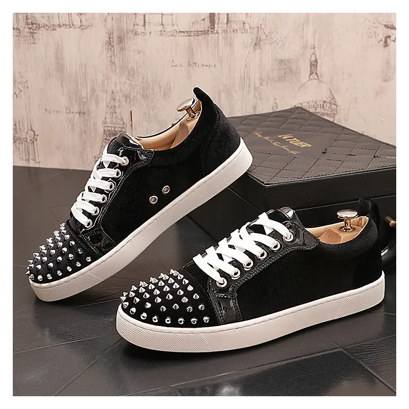 men's fashion cow suede leather rivets shoes lace-up spikes studded shoe designer flats sneakers black red breathable footwear
