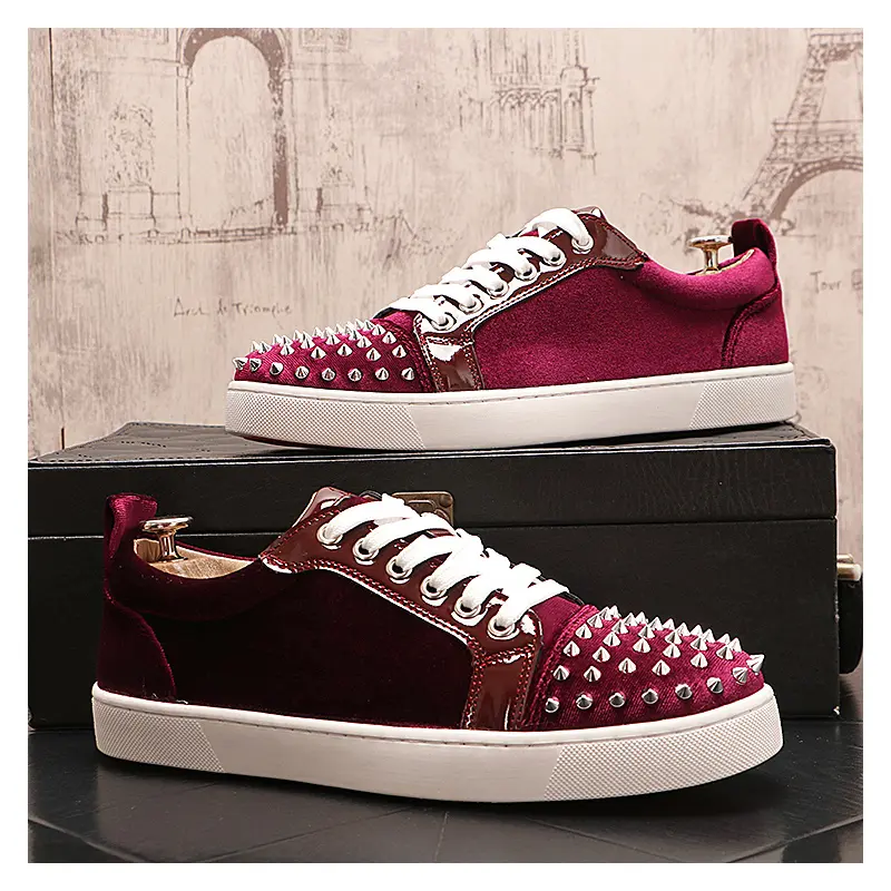 men's fashion cow suede leather rivets shoes lace-up spikes studded shoe designer flats sneakers black red breathable footwear