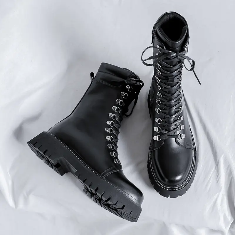 men luxury fashion motorcycle boots black original leather shoes lace-up high top knight boot cowboy platform long botas hombre