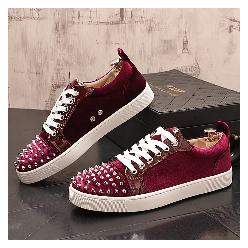 men's fashion cow suede leather rivets shoes lace-up spikes studded shoe designer flats sneakers black red breathable footwear