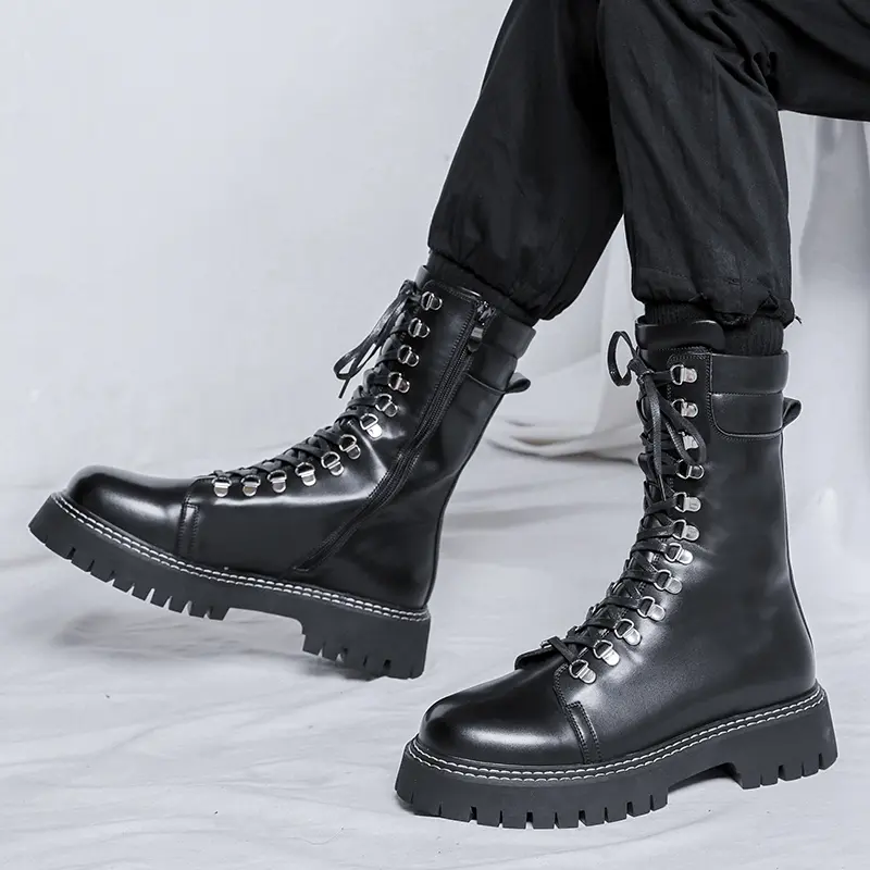 men fashion handsome high motorcycle boots lace-up original leather shoes cowboy platform boot spring autumn long knight botas