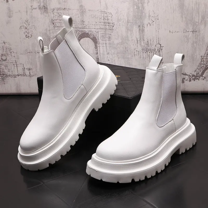 men fashion punk hip hop dress high chelsea boots black white shoes cowboy original leather boot cool platform motorcycle botas