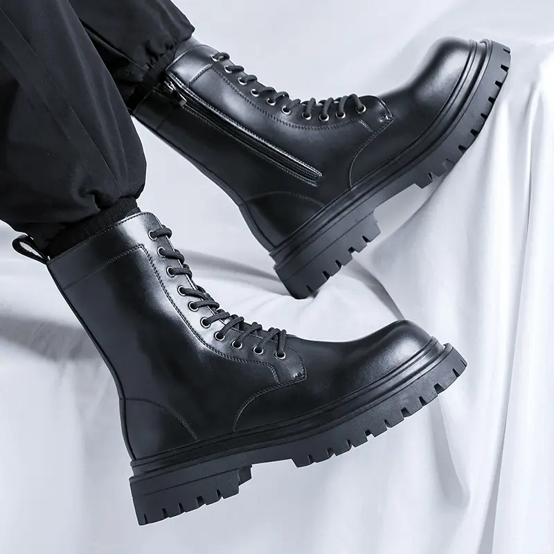 men fashion party nightclub high boots black stylish original leather shoes cowboy platform boot handsome long motorcycle botas