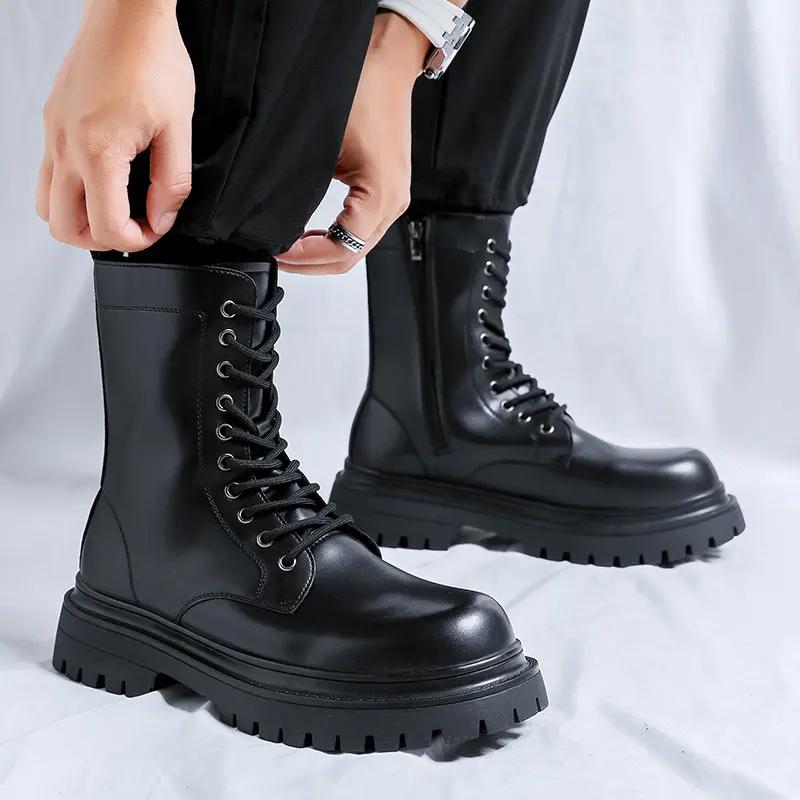 men fashion party nightclub high boots black stylish original leather shoes cowboy platform boot handsome long motorcycle botas