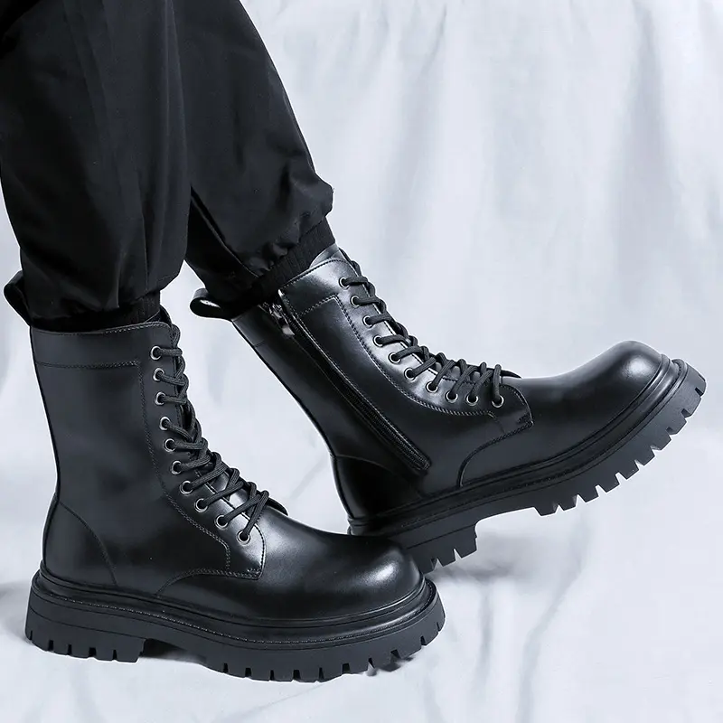 men fashion party nightclub high boots black stylish original leather shoes cowboy platform boot handsome long motorcycle botas