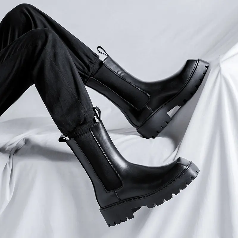 mens fashion stage nightclub high chelsea boots square toe genuine leather shoes cowboy platform boot cool long motorcycle botas
