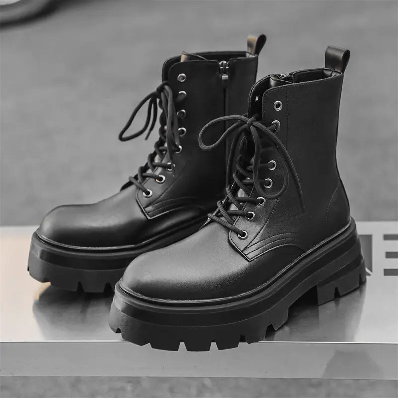 men's casual high motorcycle boots black trendy genuine leather shoes cowboy autumn winter boot stage nightclub platform botas