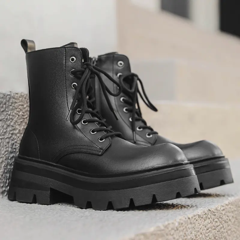 men's casual high motorcycle boots black trendy genuine leather shoes cowboy autumn winter boot stage nightclub platform botas