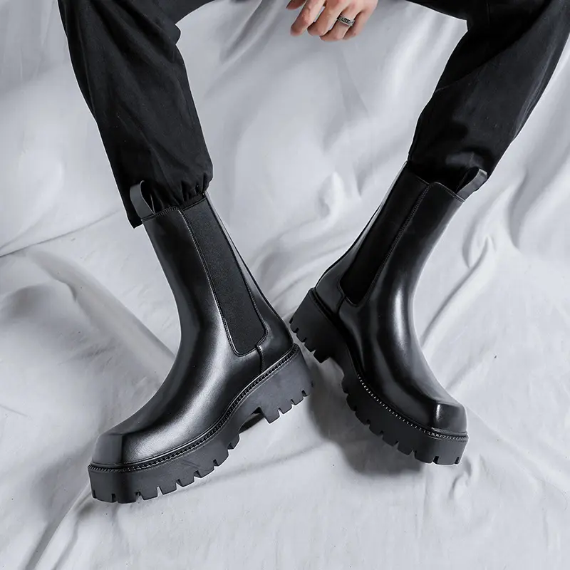 mens fashion stage nightclub high chelsea boots square toe genuine leather shoes cowboy platform boot cool long motorcycle botas