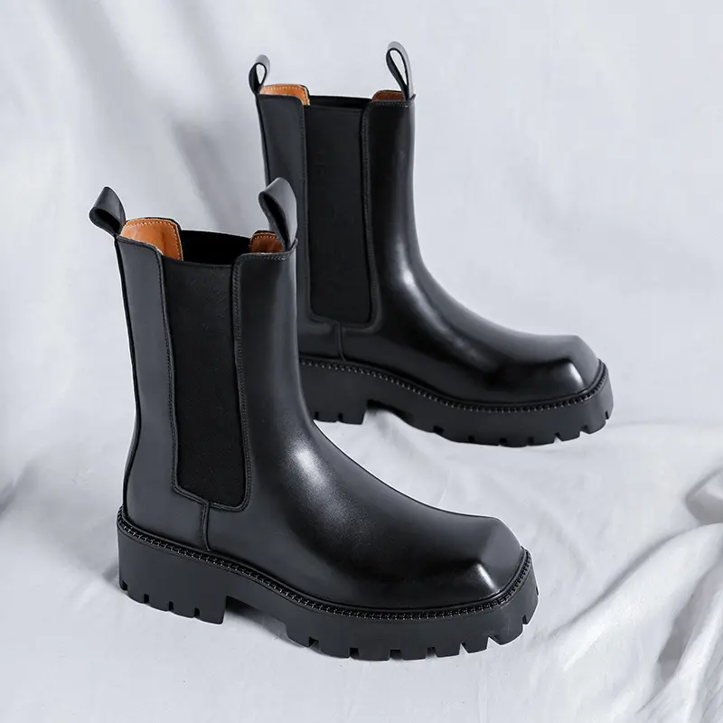 mens fashion stage nightclub high chelsea boots square toe genuine leather shoes cowboy platform boot cool long motorcycle botas
