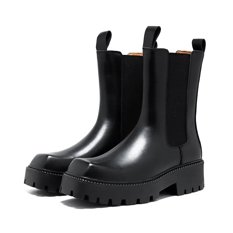 mens fashion stage nightclub high chelsea boots square toe genuine leather shoes cowboy platform boot cool long motorcycle botas