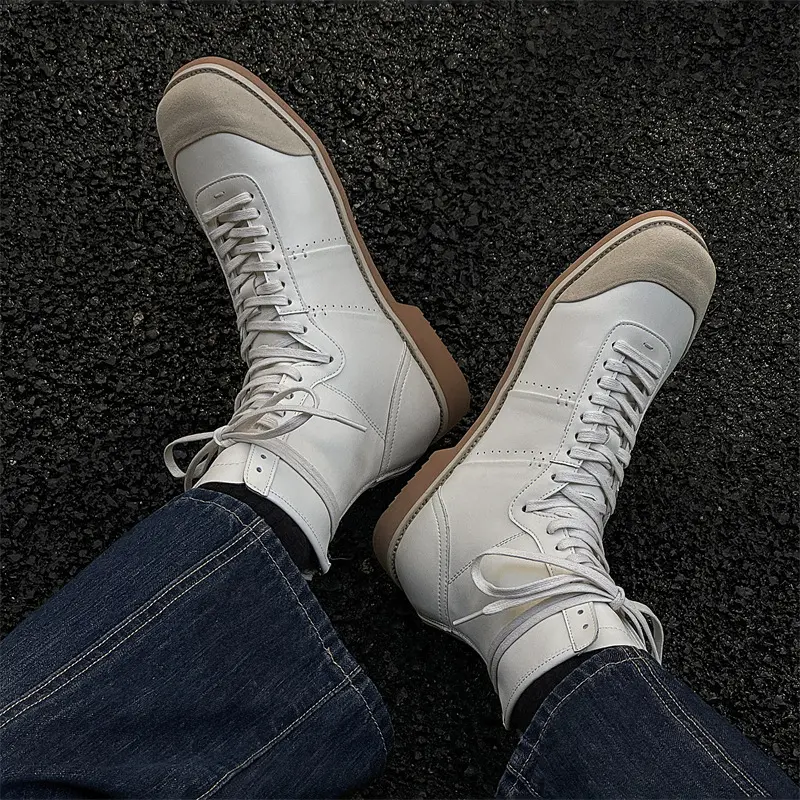 mens fashion original leather boots lace-up black white shoes cosplay stage cowboy high boot designer long motorcycle botas male