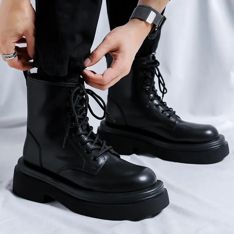 men's casual platform boots lace-up original leather shoes party banquet dress cowboy ankle boot handsome high motorcycle botas