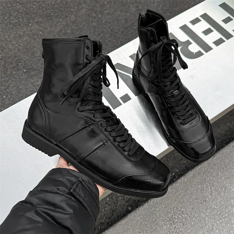 mens fashion original leather boots lace-up black white shoes cosplay stage cowboy high boot designer long motorcycle botas male