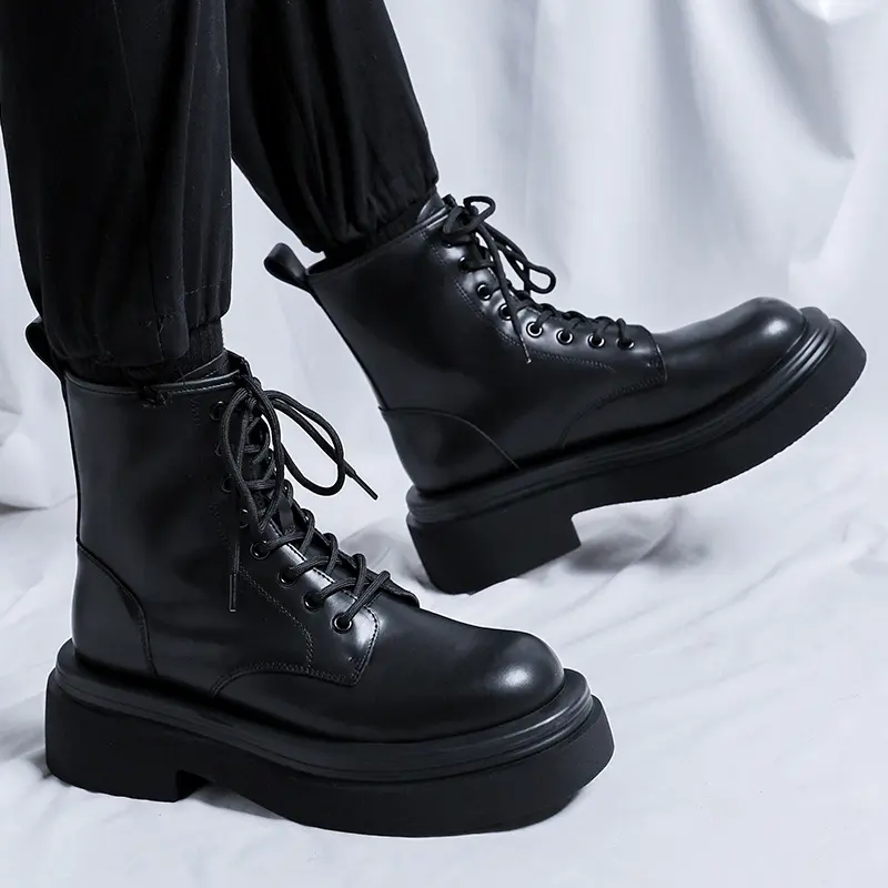 men's casual platform boots lace-up original leather shoes party banquet dress cowboy ankle boot handsome high motorcycle botas