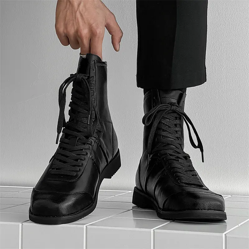 mens fashion original leather boots lace-up black white shoes cosplay stage cowboy high boot designer long motorcycle botas male
