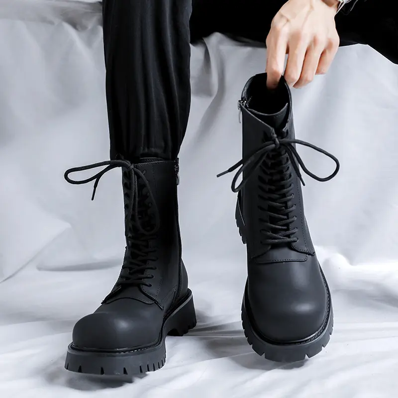 men's fashion high motorcycle boots black stylish platform shoes lace-up genuine leather boot stage nightclub long knight botas