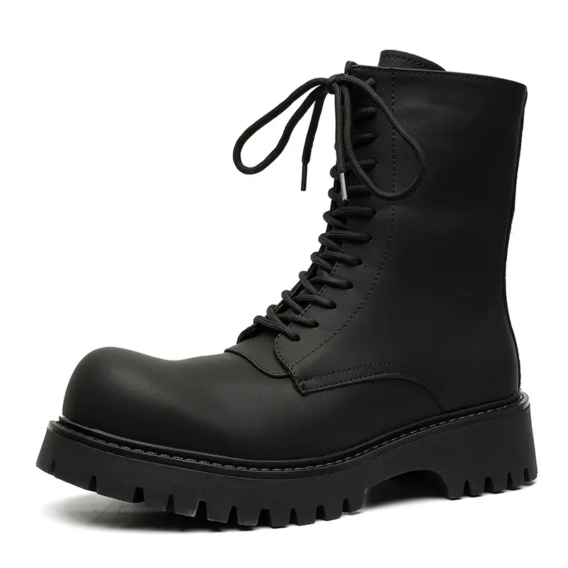 men's fashion high motorcycle boots black stylish platform shoes lace-up genuine leather boot stage nightclub long knight botas