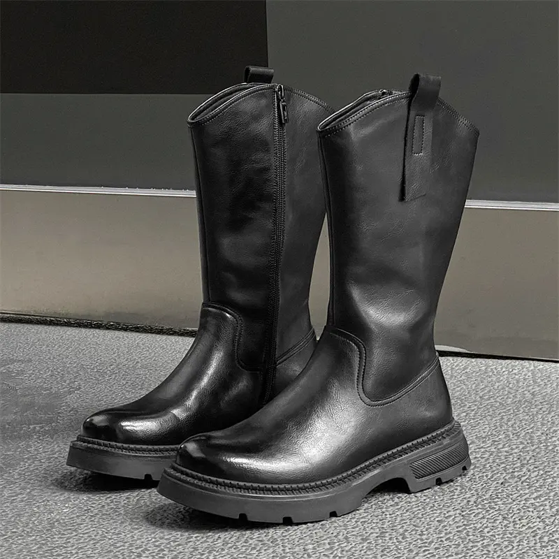 men's fashion stage nightclub high chelsea chimney boots trendy platform shoes cowboy original leather long motorcycle botas man