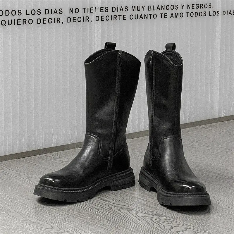 men's fashion stage nightclub high chelsea chimney boots trendy platform shoes cowboy original leather long motorcycle botas man