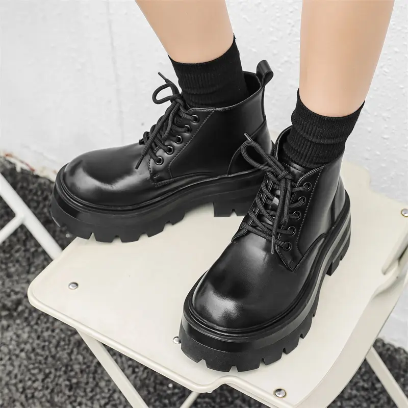 large size mens casual punk hip hop platform boots lace-up genuine leather shoes cowboy chunky ankle boot handsome short botas