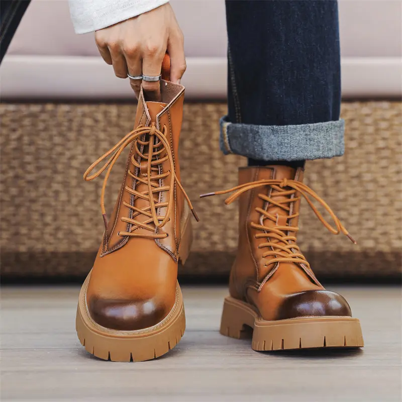 England style men casual party nightclub high motorcycle boots autumn winter shoes cowboy original leather boot platform botas