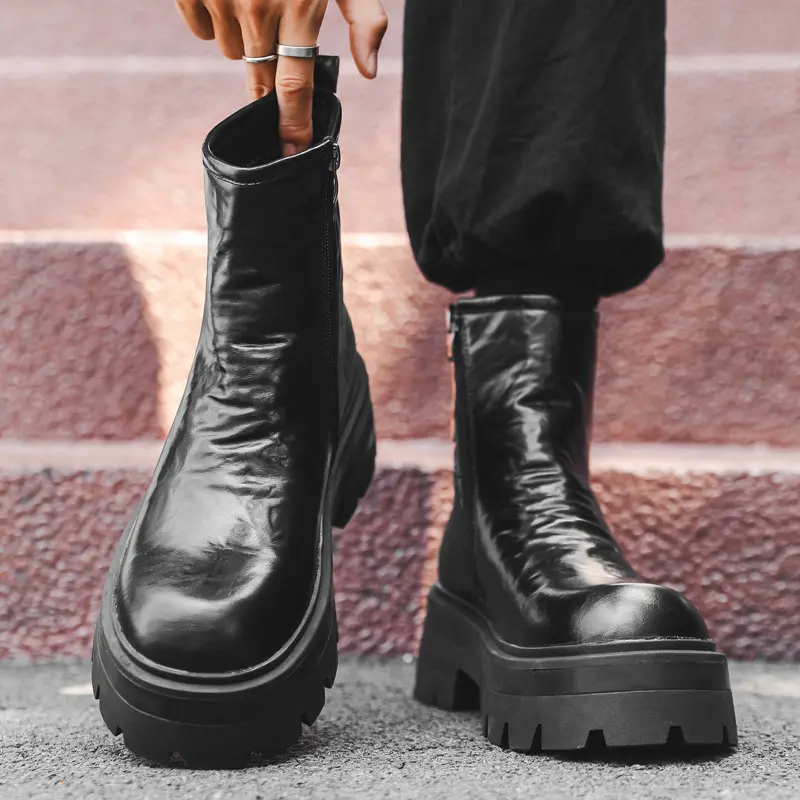 mens fashion hip hop rock dress high chelsea boots brand designer shoes black trendy cowboy genuine leather boot platform botas