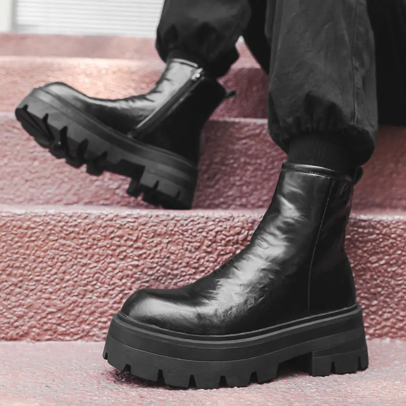 mens fashion hip hop rock dress high chelsea boots brand designer shoes black trendy cowboy genuine leather boot platform botas