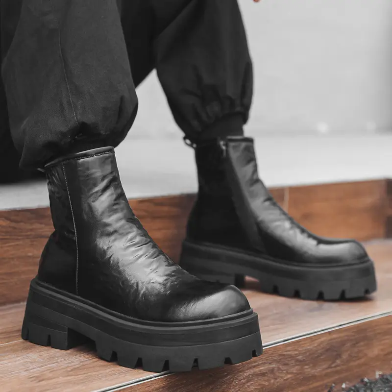 mens fashion hip hop rock dress high chelsea boots brand designer shoes black trendy cowboy genuine leather boot platform botas