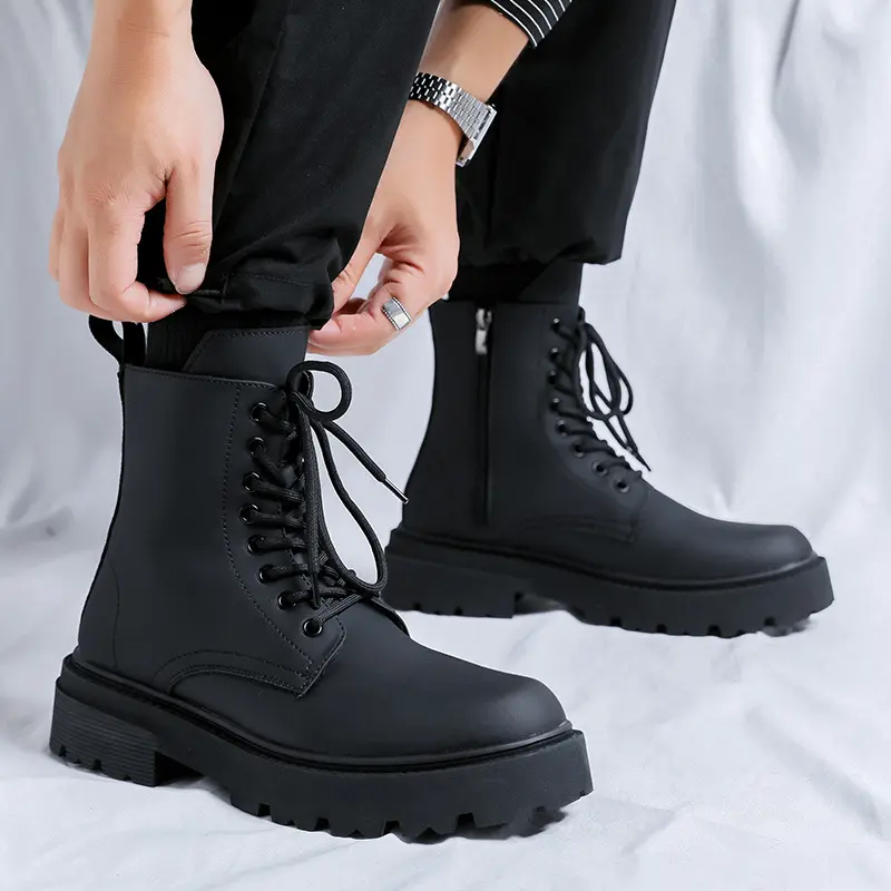 British style mens casual high motorcycle boots black trendy autumn winter shoes cowboy genuine leather boot cool platform botas