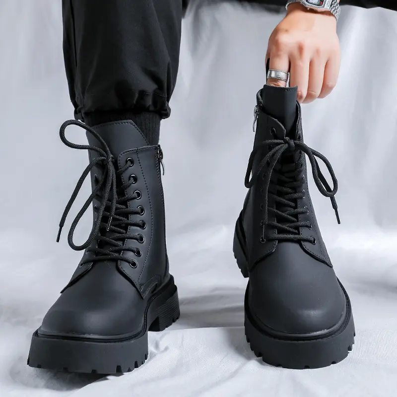 British style mens casual high motorcycle boots black trendy autumn winter shoes cowboy genuine leather boot cool platform botas