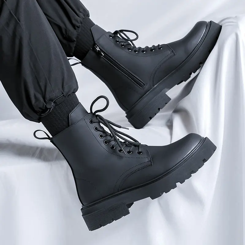 British style mens casual high motorcycle boots black trendy autumn winter shoes cowboy genuine leather boot cool platform botas