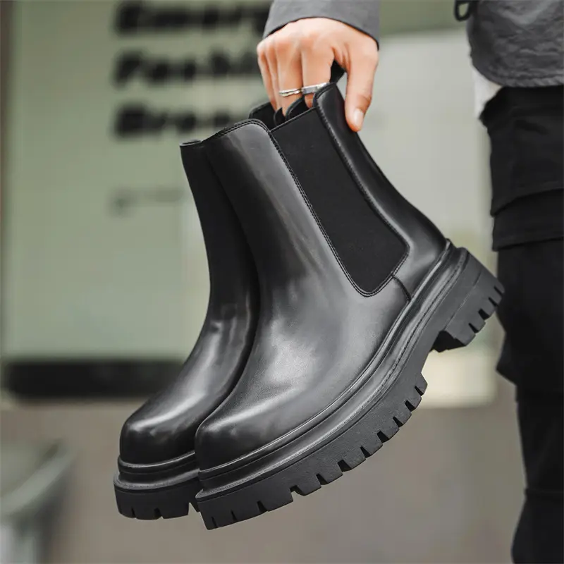 mens fashion stage nightclub high chelsea boots slip-on genuine leather shoes cowboy platform boot cool long motorcycle botas