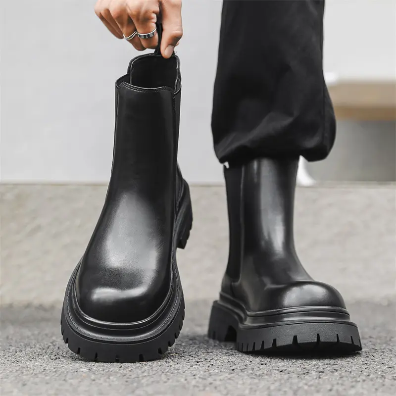 mens fashion stage nightclub high chelsea boots slip-on genuine leather shoes cowboy platform boot cool long motorcycle botas