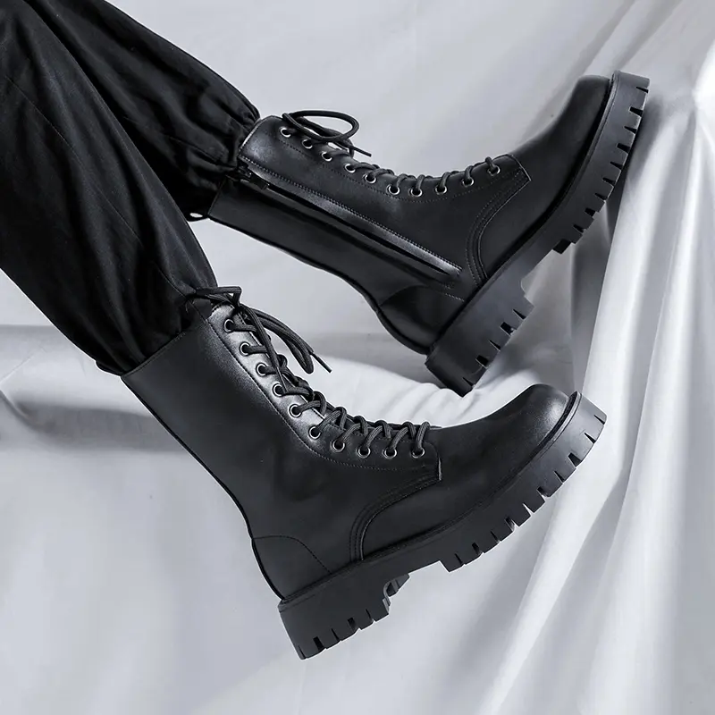 British style men fashion high knight boots lace-up black trend shoes stage nightclub cowboy genuine leather long platform botas
