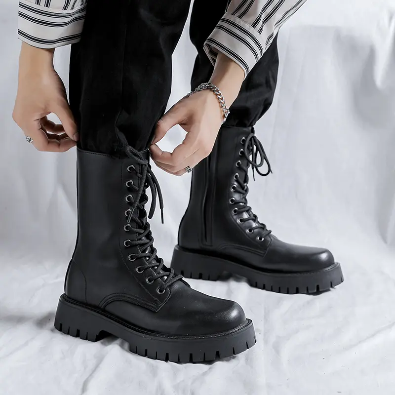 British style men fashion high knight boots lace-up black trend shoes stage nightclub cowboy genuine leather long platform botas
