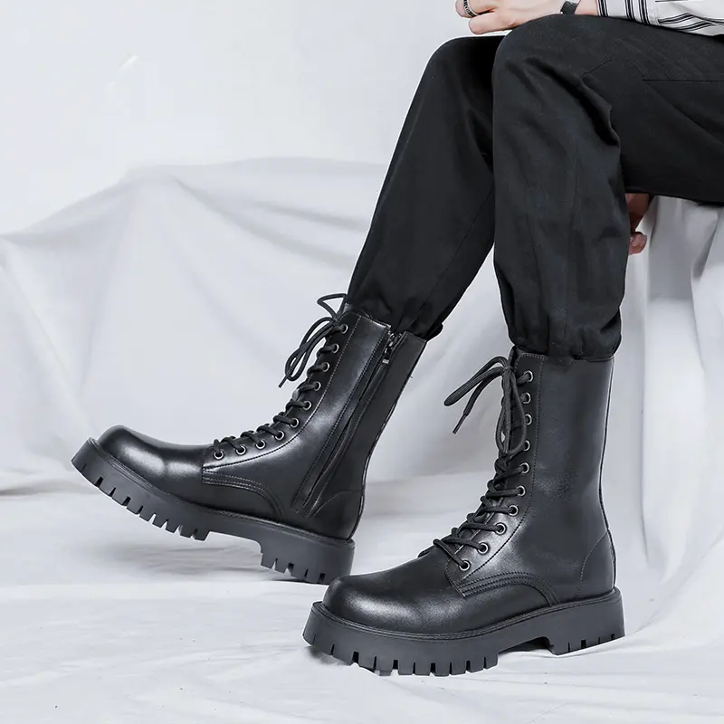 British style men fashion high knight boots lace-up black trend shoes stage nightclub cowboy genuine leather long platform botas