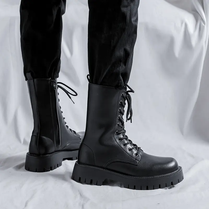 British style men fashion high knight boots lace-up black trend shoes stage nightclub cowboy genuine leather long platform botas