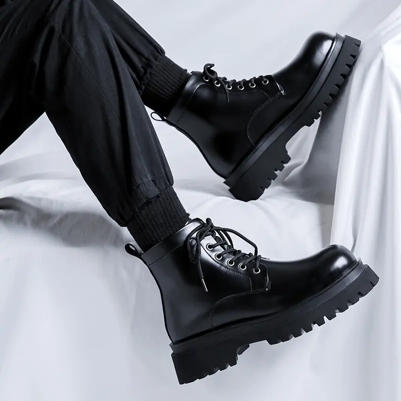 men's casual business office dress platform boots black genuine leather shoes cowboy ankle boot cool spring autumn short botas