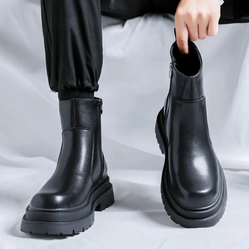 men fashion warm cotton winter snow boots black trendy genuine leather shoes cowboy chelsea boot handsome platform ankle botas