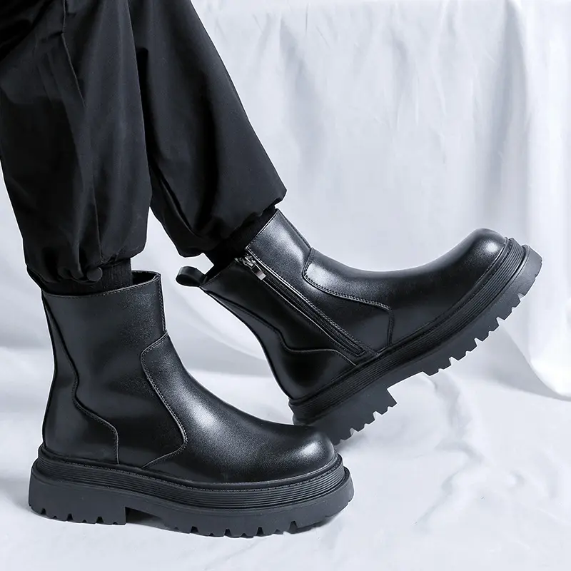 men fashion warm cotton winter snow boots black trendy genuine leather shoes cowboy chelsea boot handsome platform ankle botas