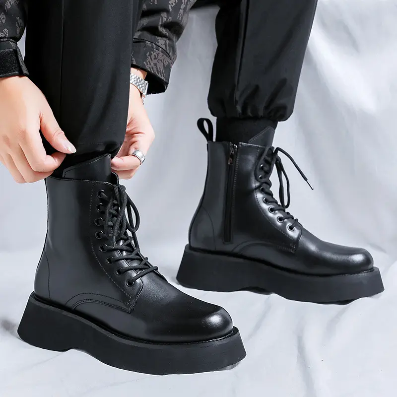 men's fashion hip hop rock dress platform boots lace-up genuine leather shoes cowboy high boot handsome long motorcycle botas