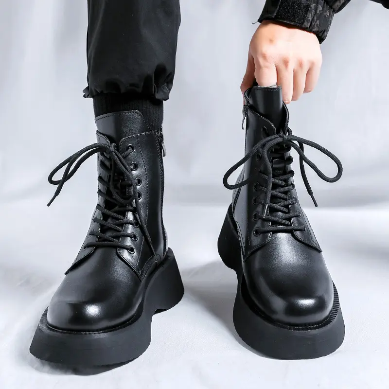 men's fashion hip hop rock dress platform boots lace-up genuine leather shoes cowboy high boot handsome long motorcycle botas