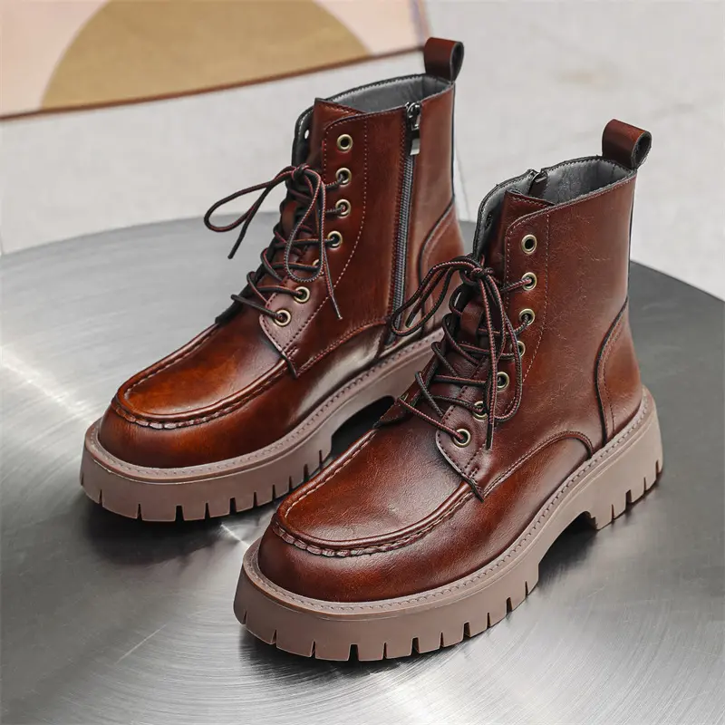 men luxury fashion original leather boots lace-up black brown shoes outdoors cowboy platform boot spring autumn chunky botas man