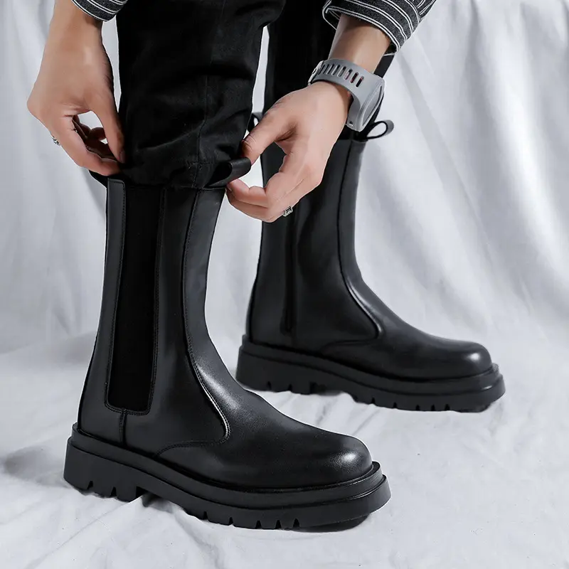 men luxury fashion high chimney boots black trend genuine leather shoes stage nightclub long chelsea boot platform knight botas