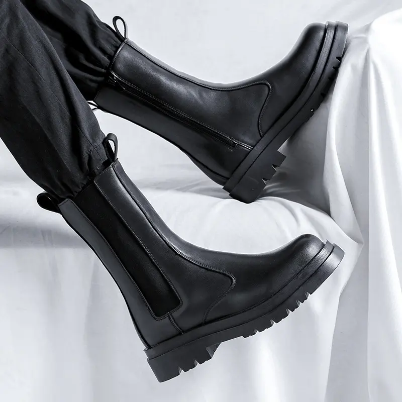 men luxury fashion high chimney boots black trend genuine leather shoes stage nightclub long chelsea boot platform knight botas