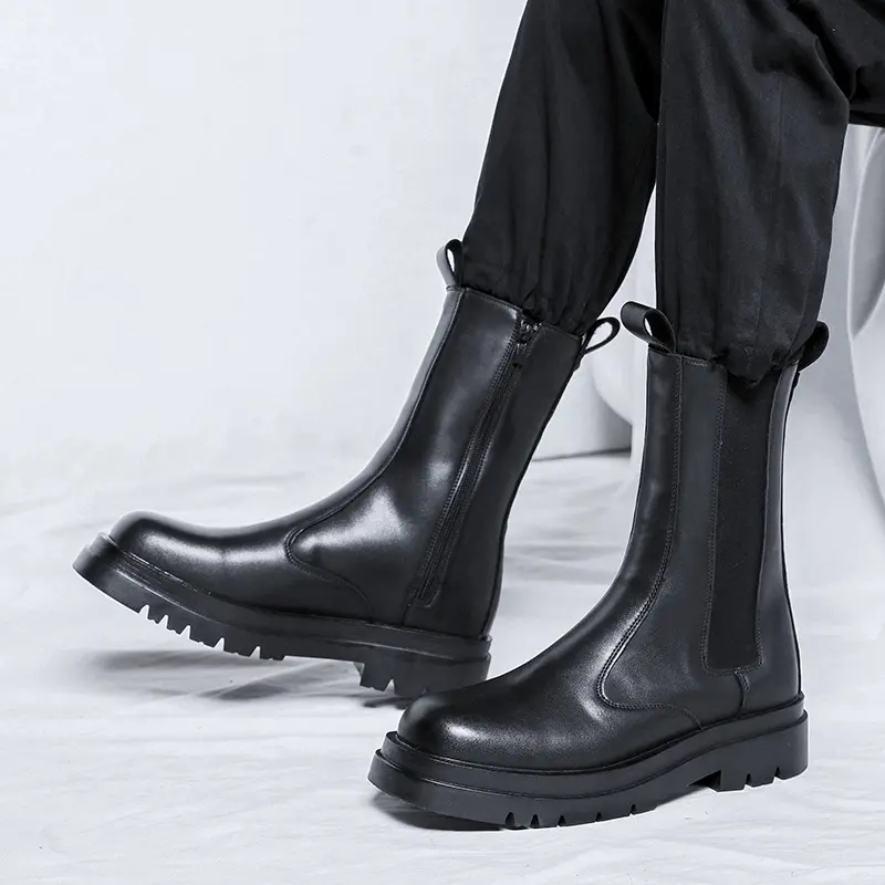 men luxury fashion high chimney boots black trend genuine leather shoes stage nightclub long chelsea boot platform knight botas
