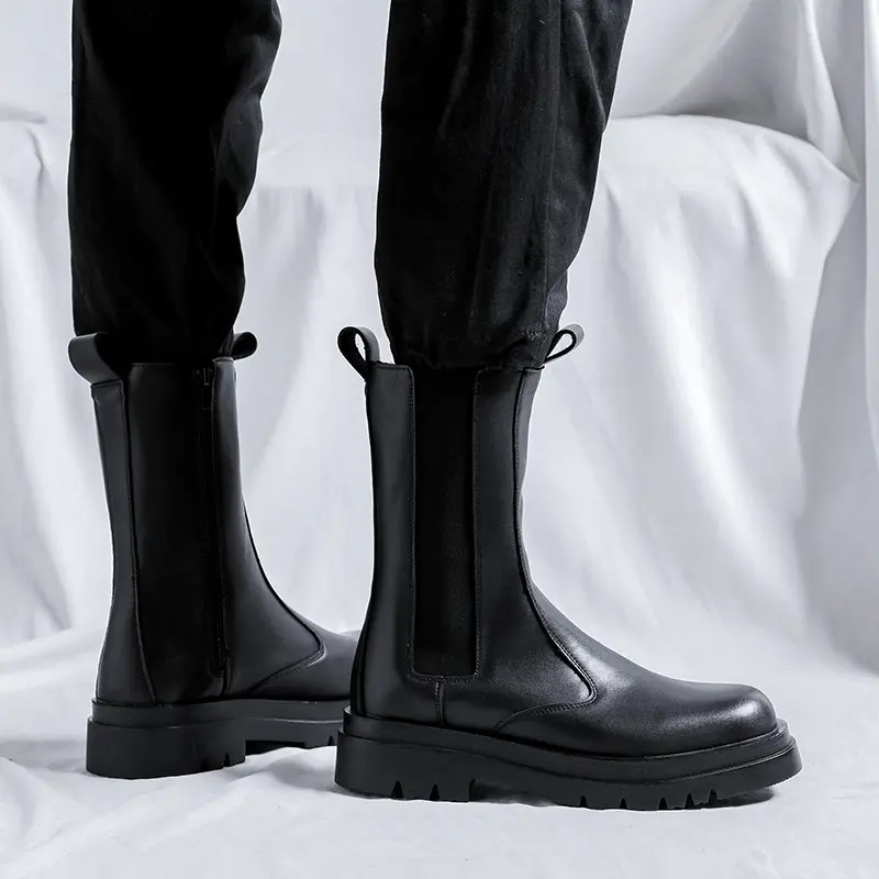 men luxury fashion high chimney boots black trend genuine leather shoes stage nightclub long chelsea boot platform knight botas